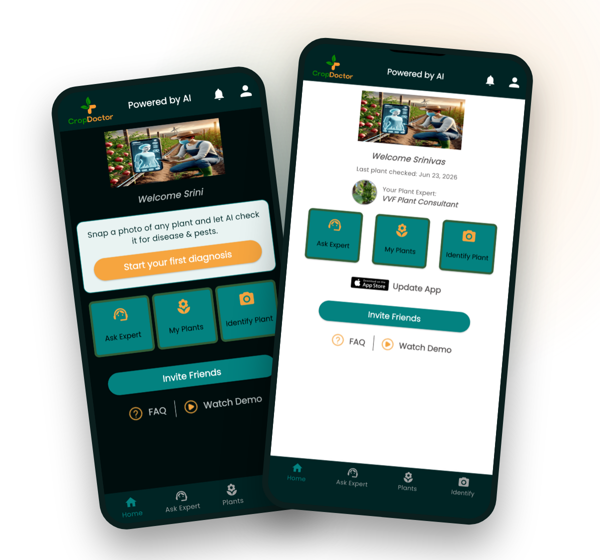 VVF CropDoctor app — AI plant diagnosis on iPhone and Android, light and dark